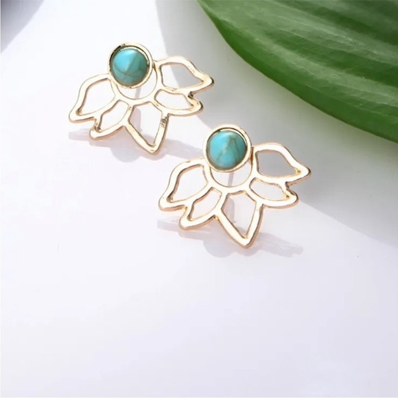 “Native Dreamer” Lotus Flower Hippie Turquoise Stone Silver Gold Stud Earrings - Picture 5 of 8